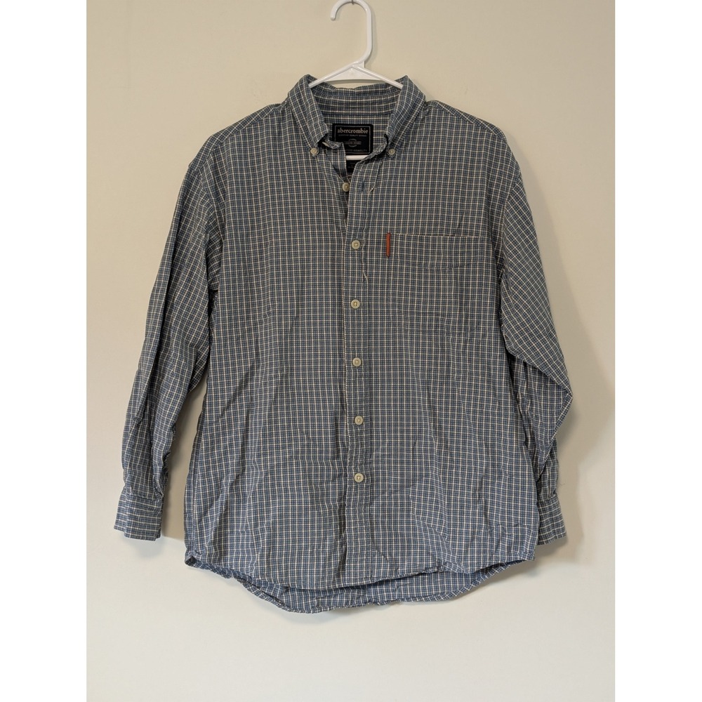 Abercrombie Mens Large Blue Tan Plaid Cotton Button Down Long Sleeve Shirt L
